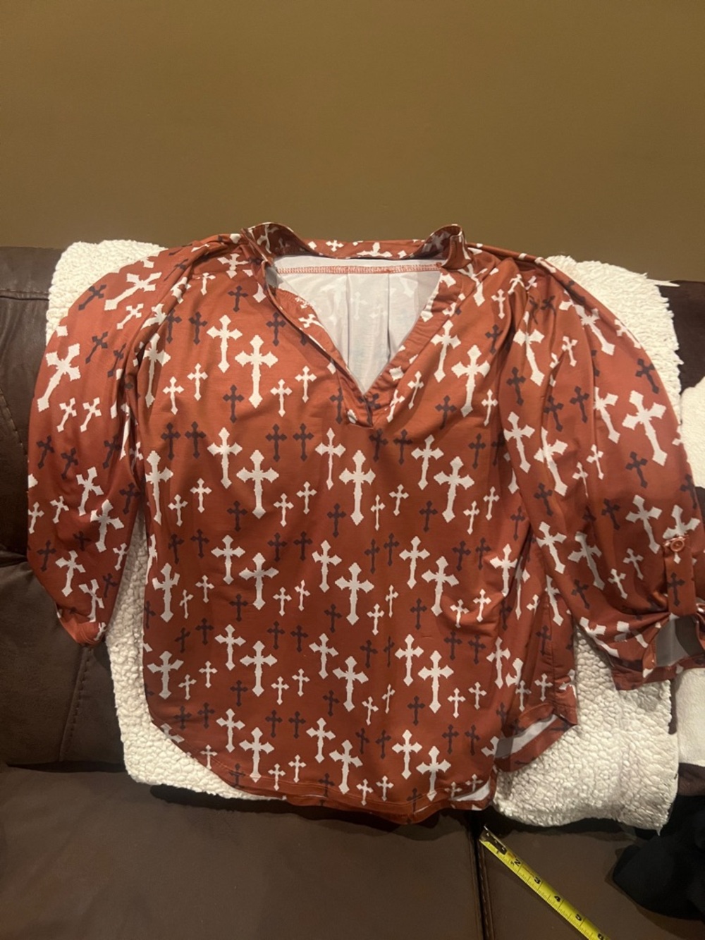 Rust Cross-Print V-Neck Blouse
